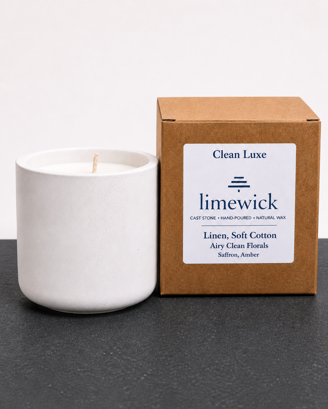 Limewick Clean Luxe natural wax candle in white cast stone vessel with kraft gift box