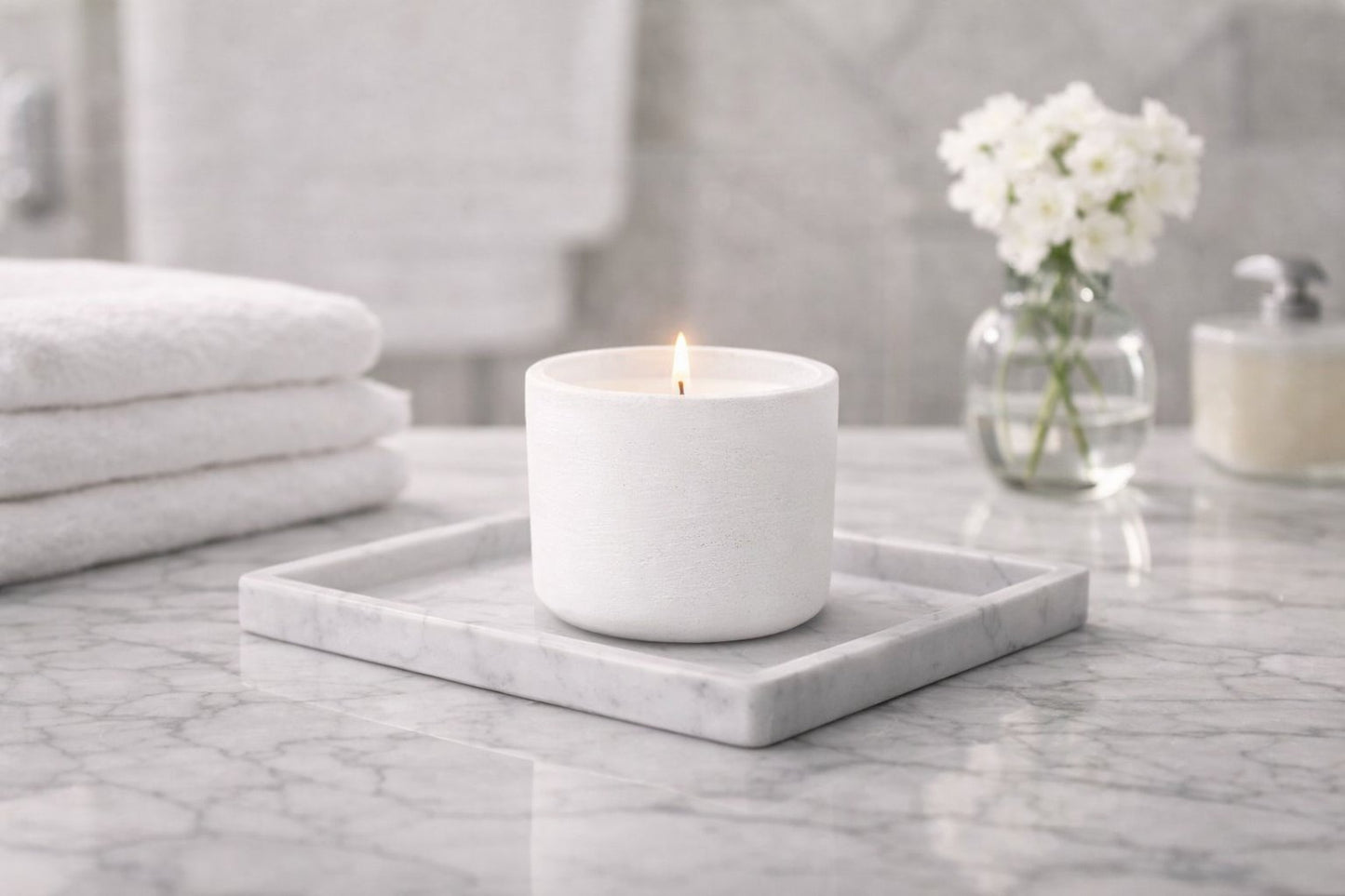 Lit white candle in a cast-stone vessel on a marble tray in a bright bathroom, with folded white towels and a small vase of white flowers softly blurred in the background.