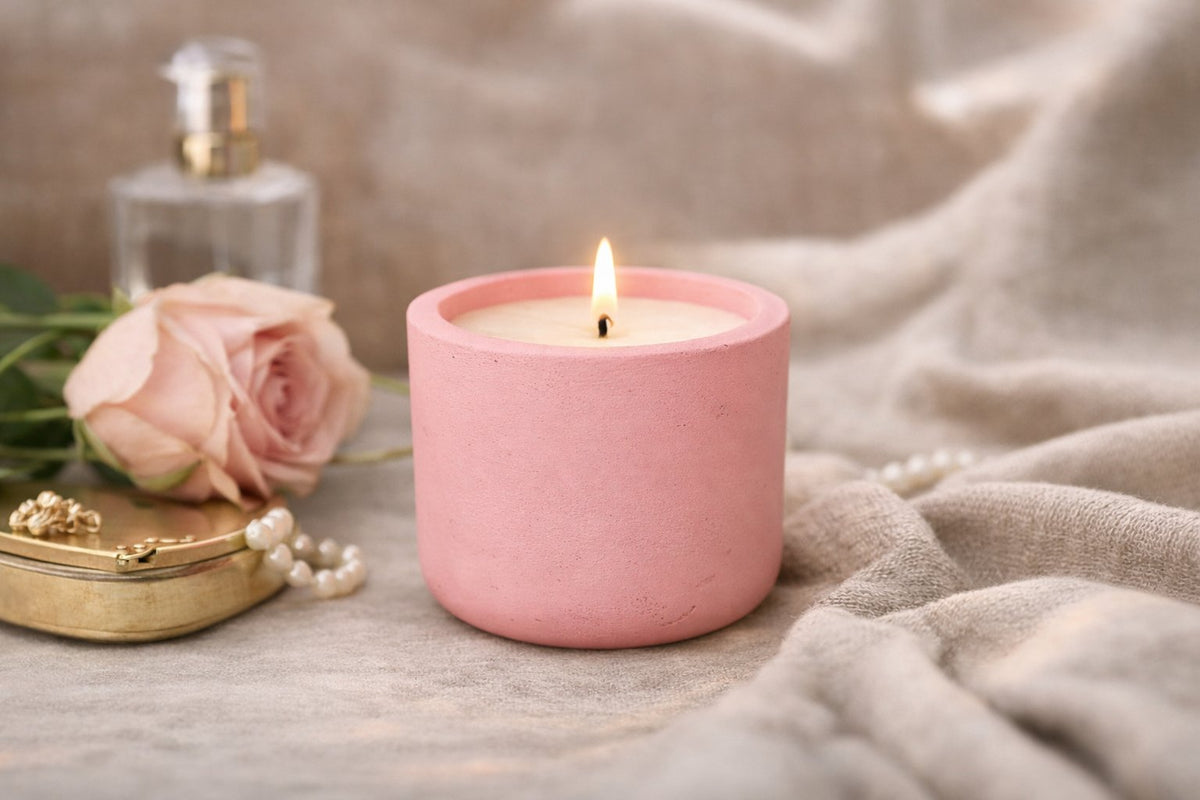 Rose Milk and Cashmere rose and vanilla candle, hand-poured coconut wax in cast stone