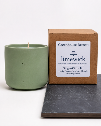 Limewick Greenhouse Retreat natural wax candle in sage green cast stone vessel with kraft gift box