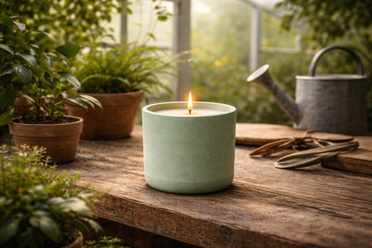Lit sage-green candle in a cast-stone vessel on a rustic wooden potting bench in a greenhouse, surrounded by leafy plants, terracotta pots, a metal watering can, gardening tools, and twine.