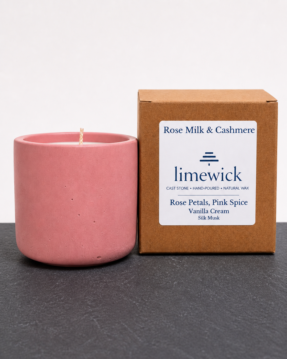 Limewick Rose Milk & Cashmere natural wax candle in pink cast stone vessel with kraft gift box