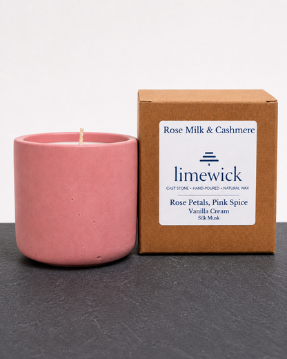 Limewick Rose Milk & Cashmere natural wax candle in pink cast stone vessel with kraft gift box