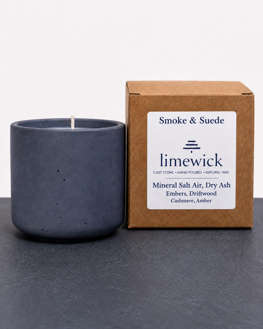 Limewick Smoke & Suede natural wax candle in charcoal cast stone vessel with kraft gift box