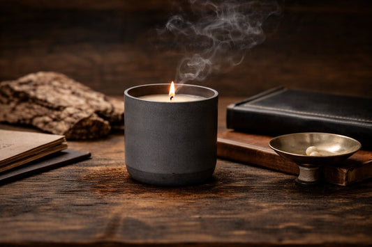 Lit grey candle in a cast-stone vessel on a dark wooden table, with a wisp of smoke rising above the flame; notebooks, a leather journal, and a small metal dish sit nearby.